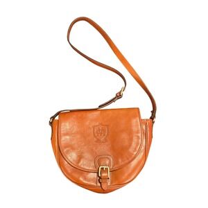 Massimo Dutti Cognac Brown Leather Saddle Crossbody Bag Crest Logo 6923